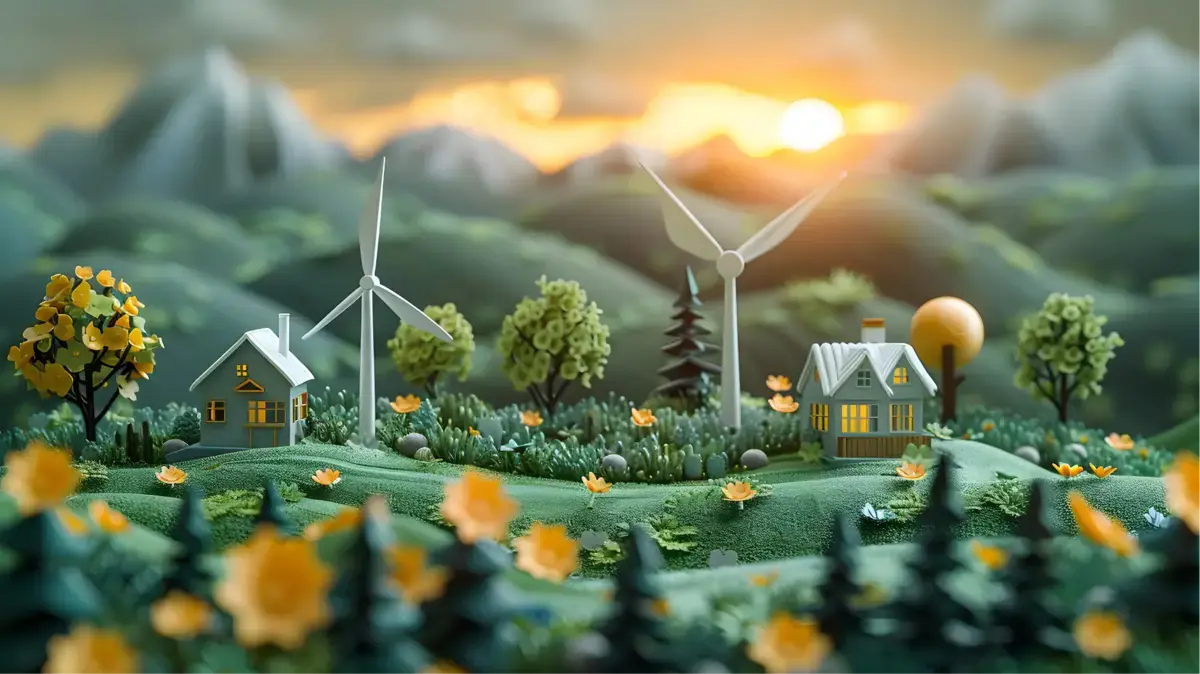 A 3D model depicting a house alongside wind turbines, highlighting an eco-friendly environment and sustainable living.