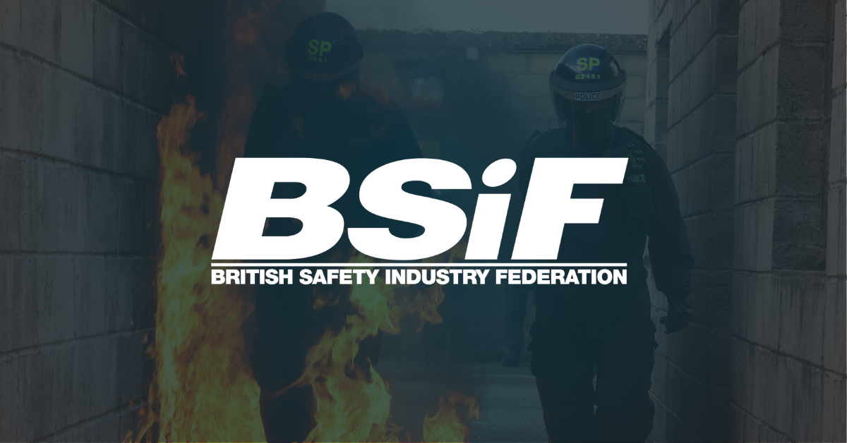 BSiF Logo overlayed on top of two Police officers running though fire. 