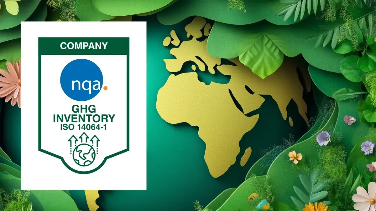 Eco-themed design with Earth silhouette on green layered background, surrounded by leaves and flowers. NQA GHG Inventory ISO 14064-1 certification badge on left.