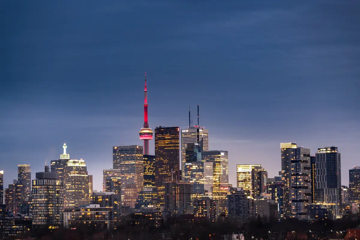 A view of the toronto city skyline at night.